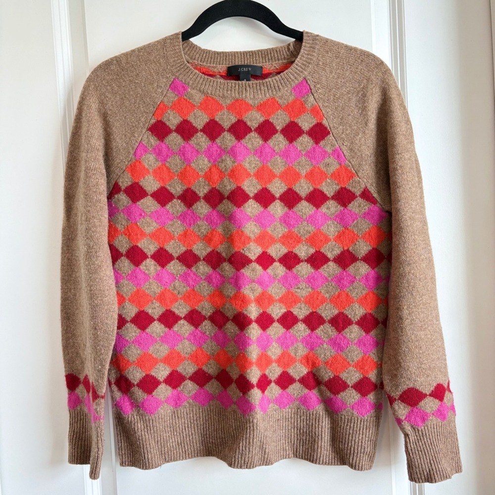 J Crew Womens Soft Lambswool Diamond Intarsia Sweater Cozy Preppy Tan Pink Small